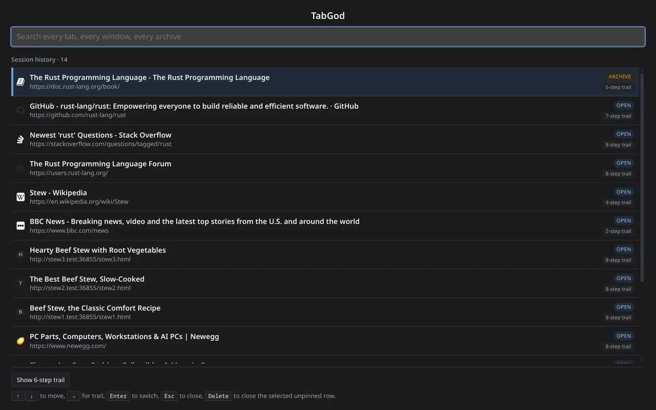 Session history in the TabGod command palette