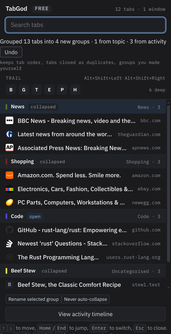 TabGod popup with named topic groups